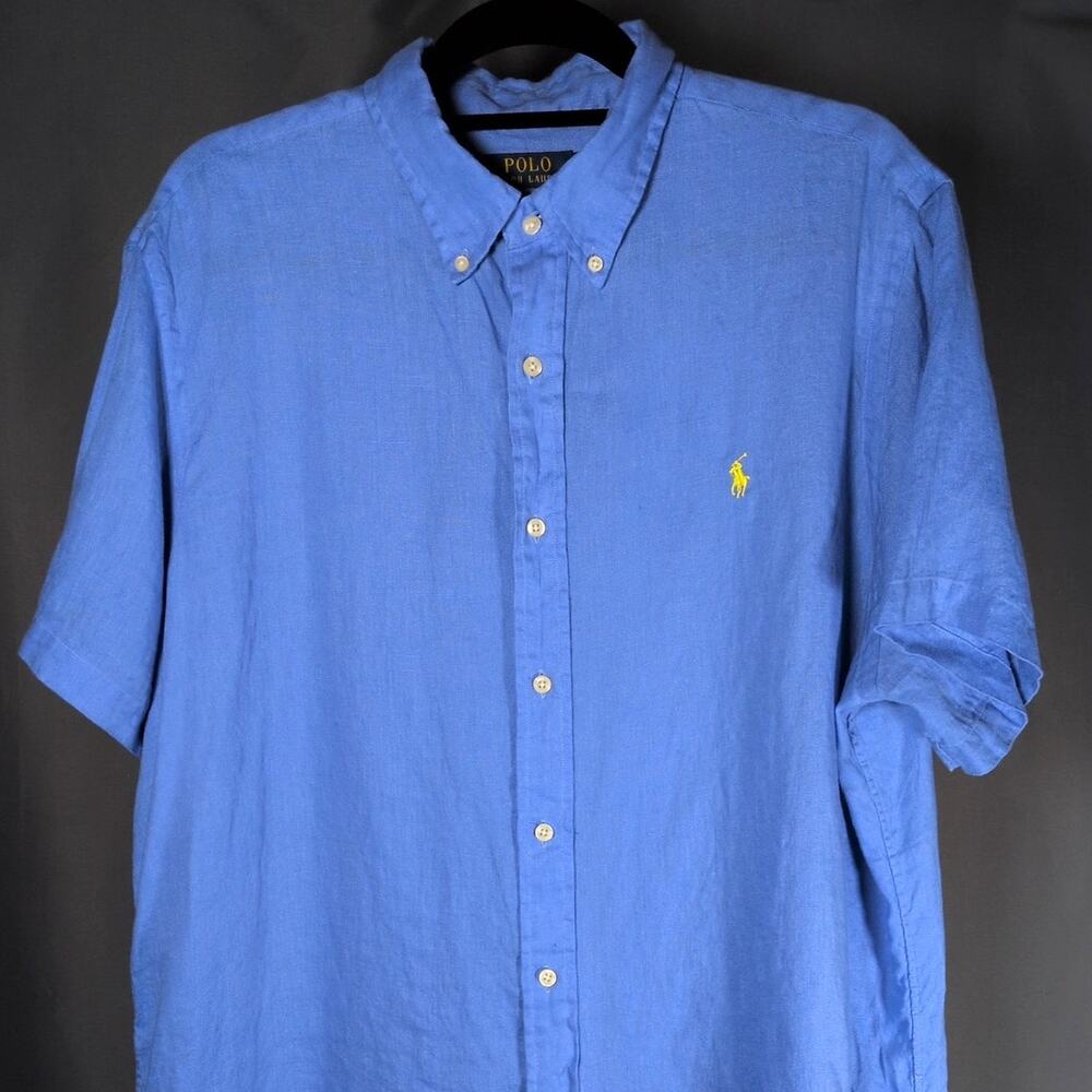Polo Ralph Lauren Men's 100% Linen Blue Classic Fit Short Sleeve Button Shirt XL - Picture 2 of 6